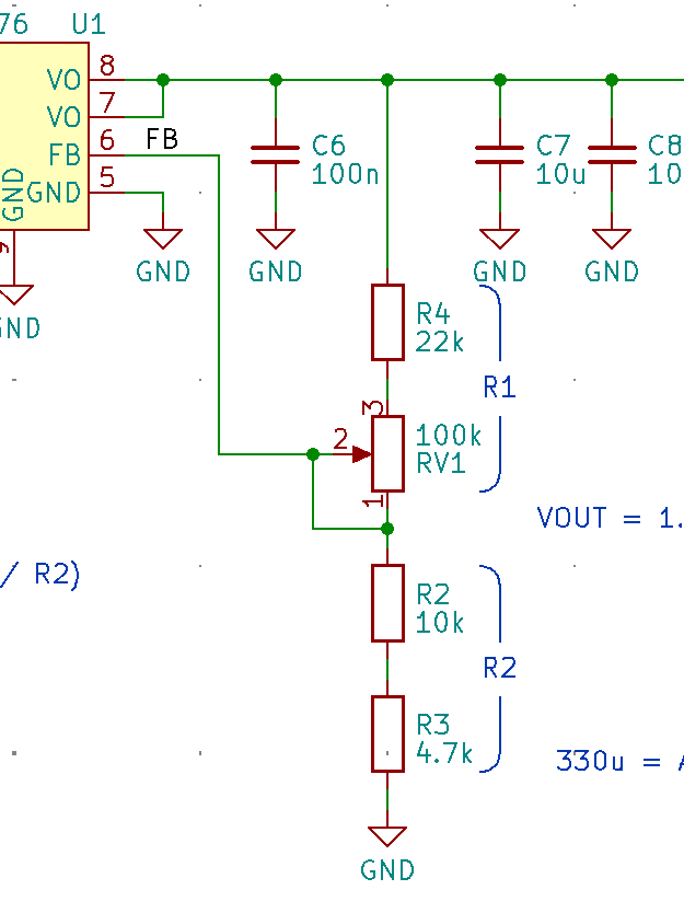 回路図の出力電圧を設定する22k R4 100k RV1 10k R2 4.7k R3